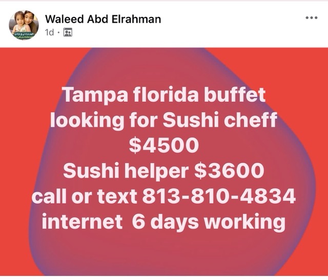 Tampa Florida Hibachi Job