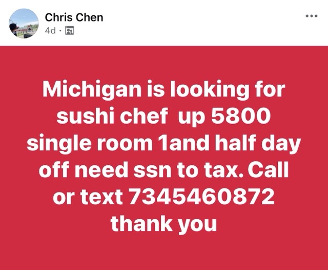 Michigan Hibachi Job