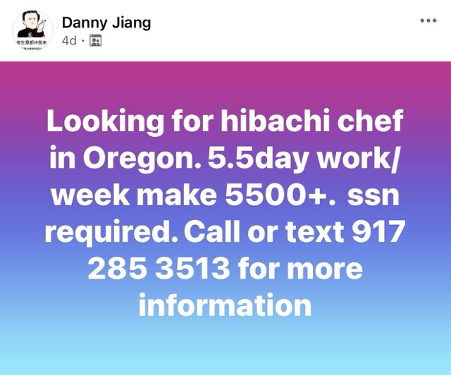 Facebook Post for HIbachi Chef