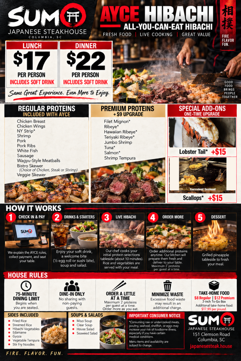 Sumo Japanese Steakhouse Hibachi AYCE menu in Columbia SC featuring $17 lunch and $22 dinner with soft drink, all-you-can-eat hibachi proteins, premium upgrades, lobster and scallop add-ons.